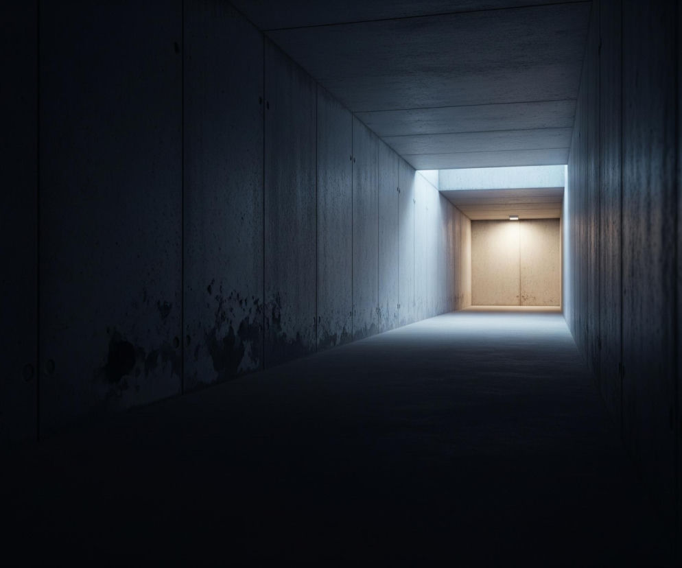 Długi, wąski korytarz z betonu rozciąga się w głąb obrazu, stopniowo rozjaśniając się ku jasnemu punktowi na końcu. Ściany, podłoga i sufit wykonane są z szarego, surowego betonu, z widocznymi łączeniami paneli i niewielkimi plamami oraz zaciekami na dolnych częściach ścian. Na końcu korytarza widoczne jest intensywne, białe światło padające z niewidocznego źródła, oświetlające przeciwległą ścianę i tworzące jasną smugę na podłodze, która stopniowo ciemnieje w stronę obserwatora. Dodatkowo, na suficie blisko końca korytarza znajduje się prostokątne otwarcie, z którego również wydobywa się jasne światło, a poniżej niego, na prawej ścianie, zamontowana jest pojedyncza, podłużna lampa, rzucająca ciepłe, żółtawe światło na ścianę.