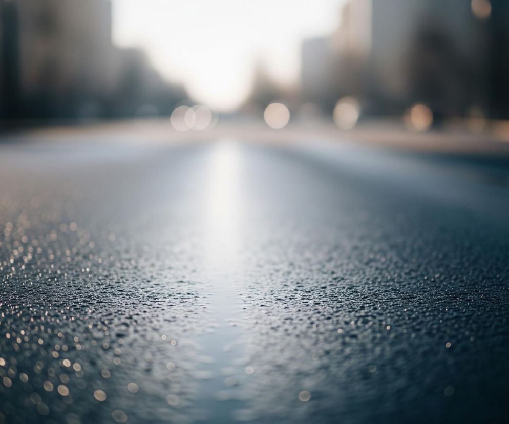 Asfaltowa, mokra ulica rozciąga się w głąb kadru, tworząc linię horyzontu w oddali. Na ciemnej nawierzchni jezdni widoczne są liczne, drobne kropelki wody, które odbijają światło, tworząc efekt iskrzenia. W centralnej części ulicy biegnie jasny pas odbicia, prawdopodobnie od słońca lub innych źródeł światła, który staje się coraz bardziej intensywny w oddali. Tło obrazu jest rozmyte, z niewyraźnymi sylwetkami budynków i okrągłymi plamami światła, sugerującymi porę dnia ze wschodem lub zachodem słońca.