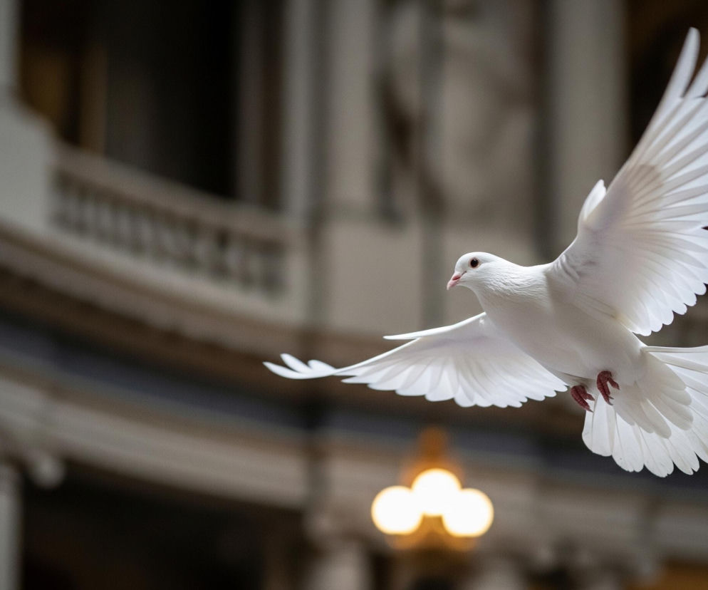 Biały gołąb unosi się w powietrzu, rozkładając szeroko skrzydła, z lewej strony kadru w dół do prawej, jego głowa skierowana jest delikatnie w lewo. Ptak ma różowawy dziób i czerwone nóżki z widocznymi pazurami. Tło stanowi rozmyte wnętrze budynku o architekturze klasycznej, z widocznymi kolumnami, balustradami i elementami zdobionymi, utrzymane w odcieniach szarości i beżu, z jasnym punktem świetlnym w dole pośrodku.