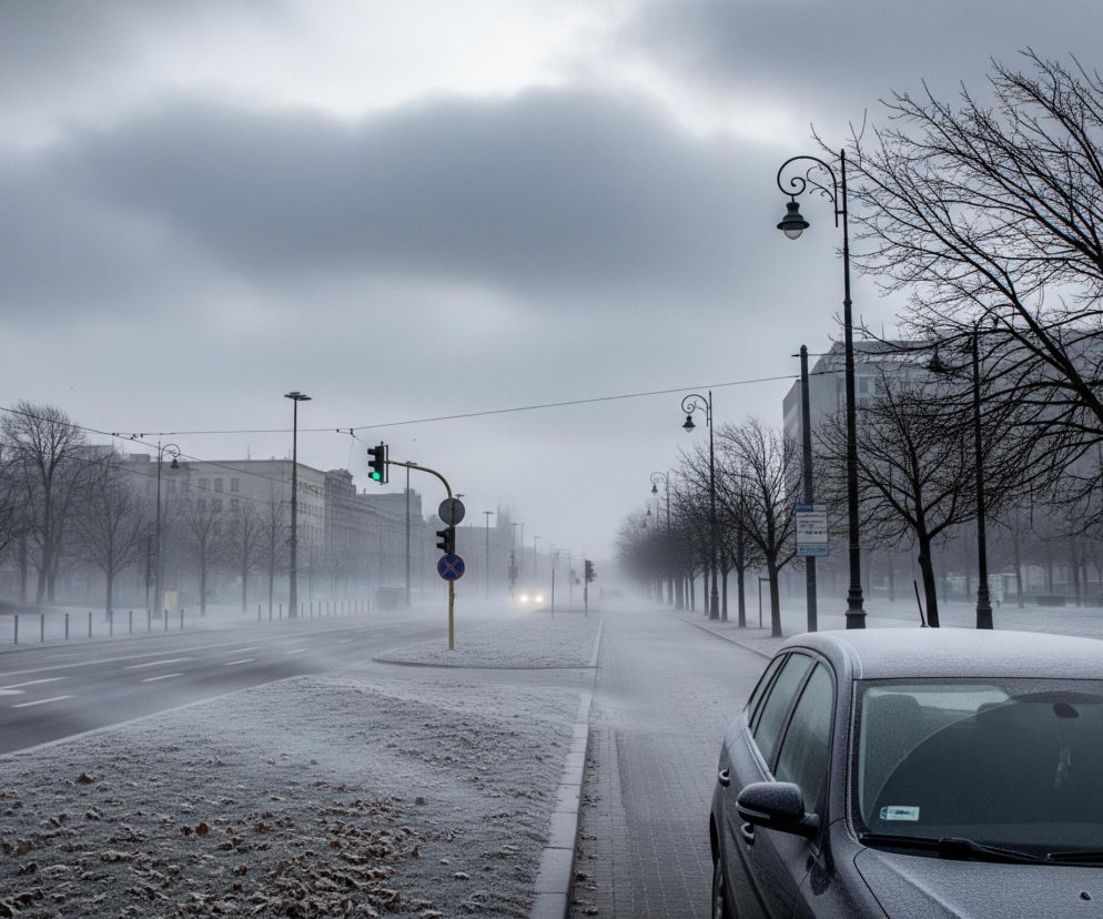 Na pierwszym planie, z prawej strony, stoi szary samochód pokryty cienką warstwą szronu, widoczne są fragmenty przedniej szyby i dachu. Za nim rozciąga się miejski krajobraz w zimowej, zamglonej aurze, z szeroką ulicą wiodącą w głąb kadru, otoczoną pasami zieleni pokrytymi szronem oraz rzędami nagich drzew i latarni ulicznych. W oddali, w centrum obrazu, widoczne są dwa zbliżające się reflektory pojazdu oraz zielone światło sygnalizacji drogowej, a cały plan miejski jest spowity szarą mgłą, łączącą się z zachmurzonym, jasnoszarym niebem.
