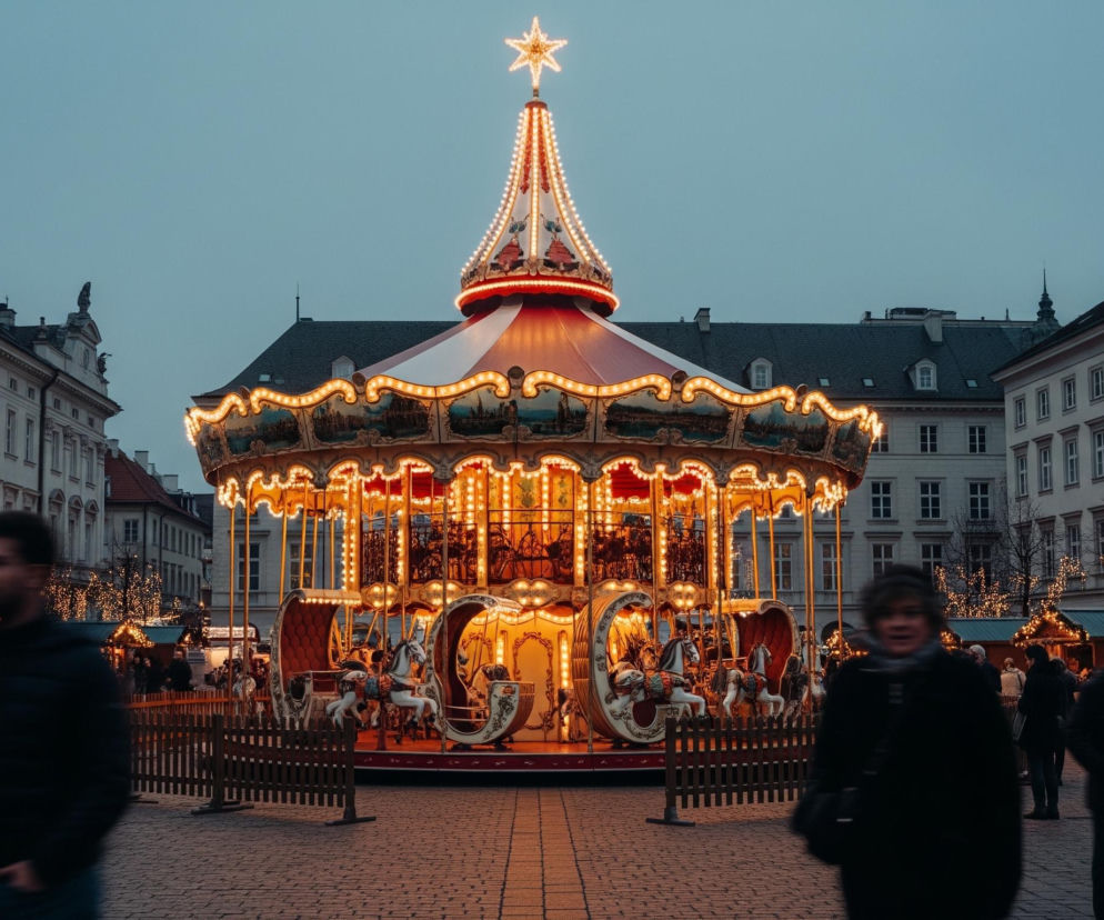 W centralnej części obrazu widoczna jest duża, jaskrawo oświetlona karuzela o klasycznym wyglądzie, z czerwonym dachem w kształcie stożka zwieńczonym świecącą złotą gwiazdą. Karuzela jest udekorowana licznymi żarówkami w ciepłym, żółtym odcieniu, które podkreślają detale takie jak malowane panele z krajobrazami miejskimi oraz rzeźbione konie i sanie na platformie. Wokół karuzeli rozciąga się brukowany plac, a w tle widać eleganckie, jasne budynki z wieloma oknami, niektóre z dekoracyjnymi rzeźbami na dachach. Na pierwszym planie, w lewym i prawym dolnym rogu, niewyraźnie widoczni są ludzie spacerujący po placu, a w głębi, po lewej stronie, znajdują się oświetlone świąteczne stoiska z małymi daszkami i drzewa ozdobione girlandami świetlnymi, wszystko to dzieje się o zmierzchu, pod szarym, zachmurzonym niebem.