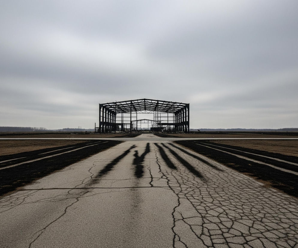Na zdjęciu dominuje widok na opuszczony, częściowo zbudowany stalowy szkielet budynku przemysłowego, ustawiony centralnie w oddali na horyzoncie. Prowadzi do niego betonowa droga o popękanej nawierzchni, rozwidlająca się w środkowym planie i otoczona po obu stronach suchą, brązową trawą, z ciemnymi pasami ziemi wzdłuż krawędzi drogi. Niebo jest pochmurne i jednolicie szare, a na linii horyzontu widać ciemny pas drzew.