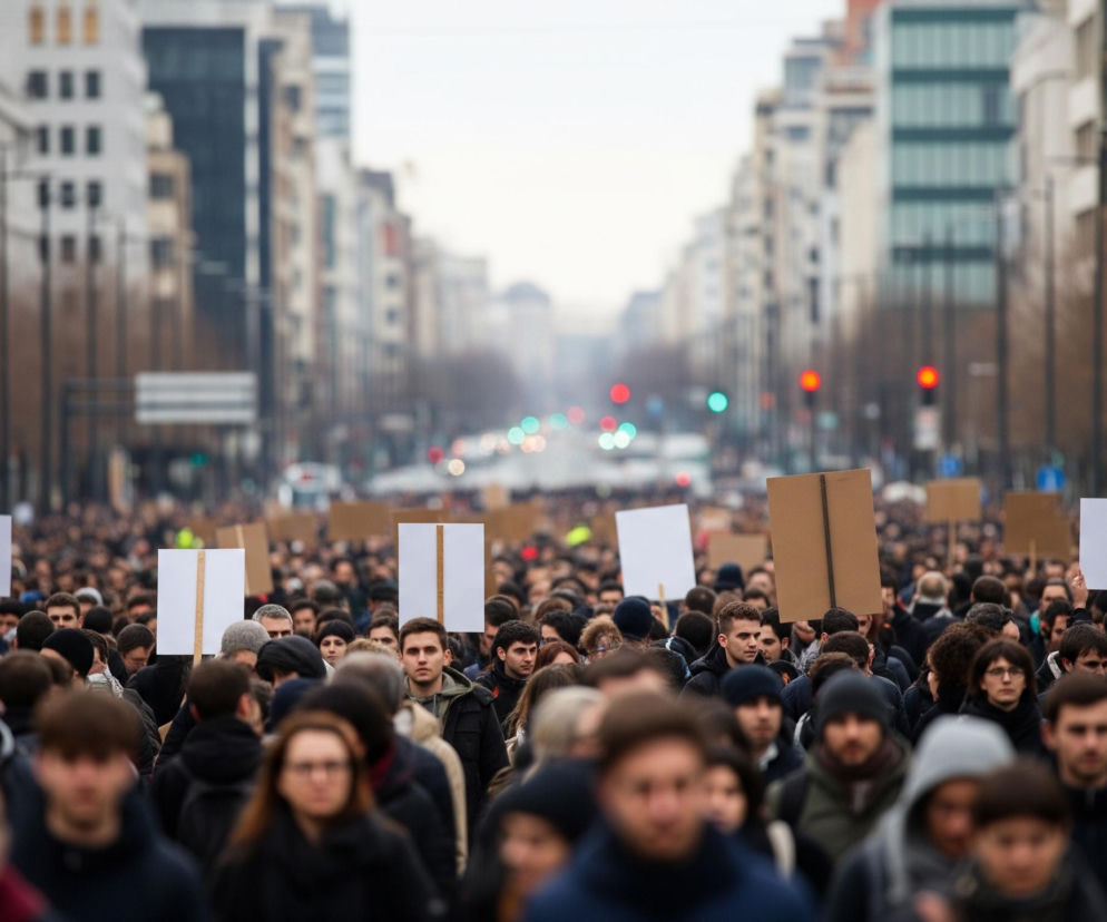 Tłum ludzi idzie ulicą, na której w oddali widać budynki, sygnalizację świetlną i drzewa. Osoby na pierwszym planie są niewyraźne, natomiast te w środkowej części zdjęcia są ostre. Wiele osób trzyma prostokątne tabliczki, niektóre są białe, inne brązowe, widoczne od tyłu. Ulica jest szeroka, po obu stronach widać wysokie budynki i rzędy nagich drzew. W tle widoczne są światła drogowe: zielone i czerwone, oraz znaki drogowe.