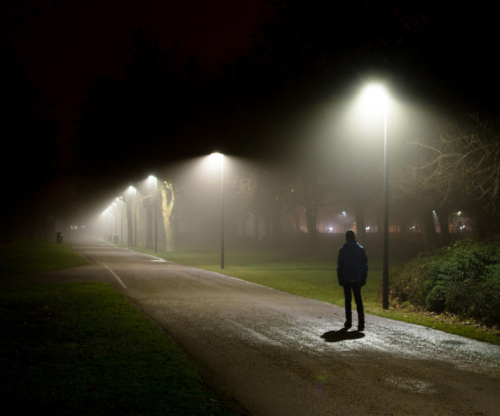 Samotny mężczyzna w niebieskiej kurtce stoi na oświetlonej latarniami alei w parku, otoczony mgłą i ciemnością nocy. Obraz symbolizuje izolację społeczną i poczucie osamotnienia. O tym, jak radzić sobie z samotnością, przeczytasz na portalu Poradnik Zdrowie.