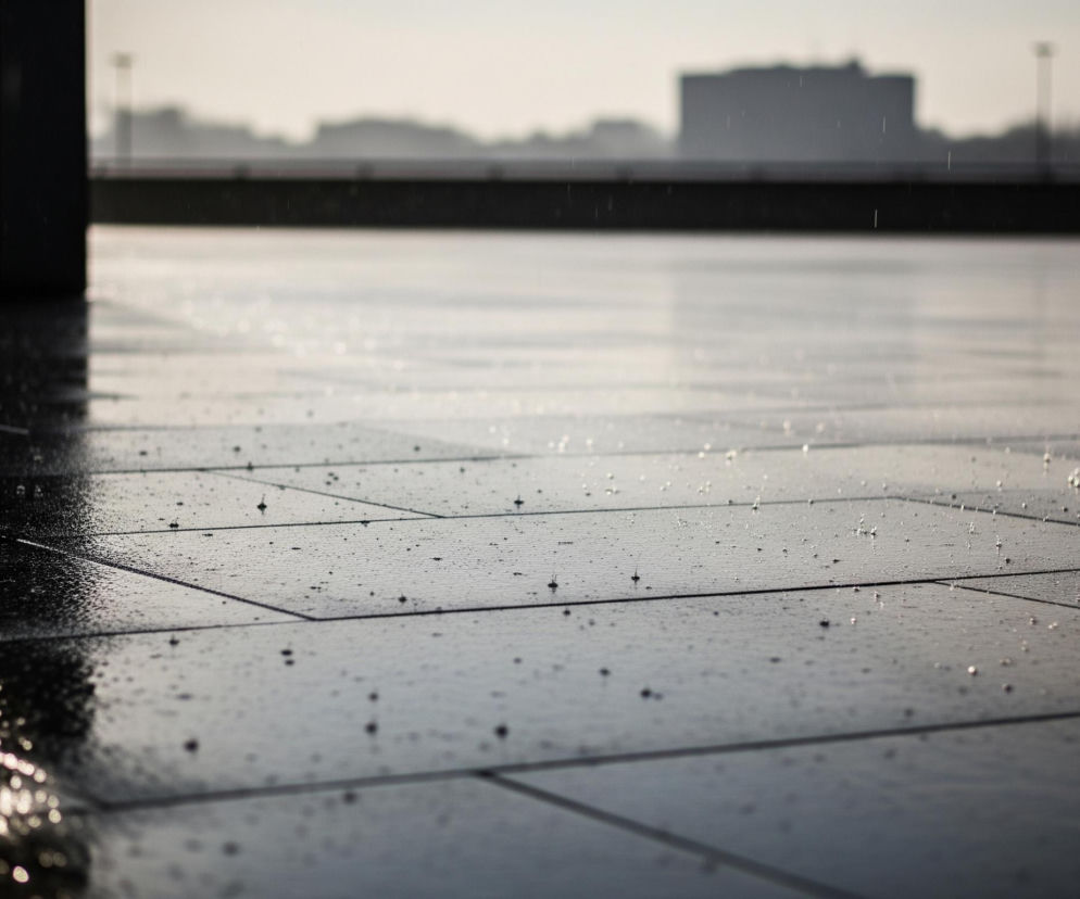 Deszcz pada na ciemną, wyłożoną płytkami powierzchnię, tworząc liczne, błyszczące krople i kałuże, w których odbija się światło. W lewej części obrazu, na pierwszym planie, wznosi się pionowy, ciemny, prostokątny obiekt, rzucający wyraźny cień na mokrą posadzkę. Horyzont w tle jest rozmyty i ukazuje zarysy budynków oraz linii drzew, z jasnym, zamglonym niebem nad nimi.
