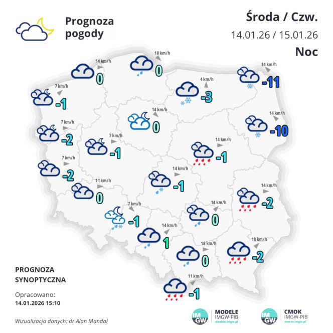 Prognoza IMGW na noc ze środy na czwartek, 14/15 stycznia