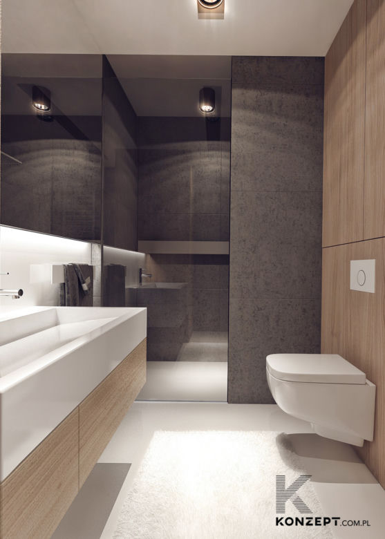 Beton, biel i drewno w łazience
