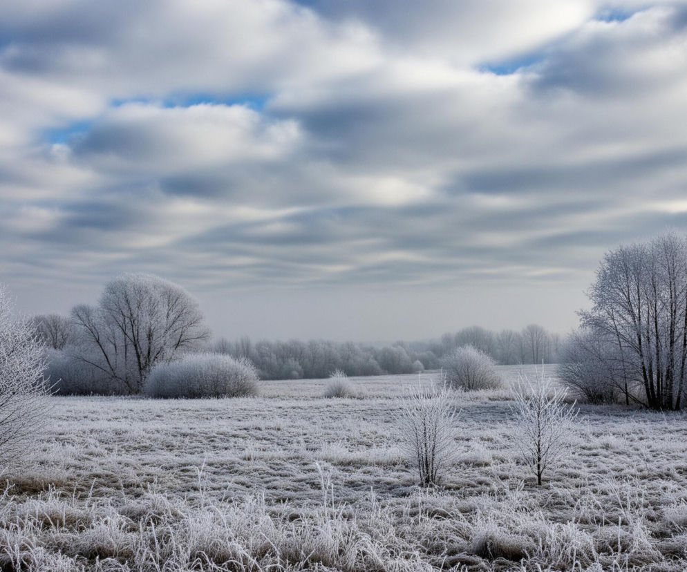 Rozległe pole pokryte szronem rozciąga się w kierunku horyzontu. Trawa i drobne krzewy na pierwszym planie są białe od szadzi, tworząc puszysty, zmrożony dywan. Po lewej stronie kadru, nieco z przodu, wyróżnia się drzewo o wyraźnych, ośnieżonych gałęziach. W tle, na całej szerokości obrazu, widać pasmo drzew i krzewów również pokrytych gęstą warstwą szronu, nadając im srebrzysty, mglisty wygląd. Ponad zimowym krajobrazem rozpościera się częściowo zachmurzone niebo z przewagą szarych, kłębiastych chmur, pomiędzy którymi gdzieniegdzie prześwitują fragmenty błękitnego nieba.