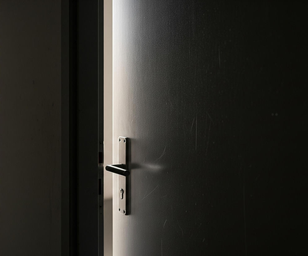Niewielkie uchylenie szarych drzwi zajmuje centralną i prawą część kadru, ukazując jasne, pionowe pasmo światła między skrzydłem a futryną. Na drzwiach widoczna jest metalowa, podłużna klamka z czarnym, walcowatym uchwytem oraz otworem na klucz poniżej. Lewa strona obrazu to ciemny fragment wnętrza z szarą ścianą po lewej, oświetloną od góry, oraz ciemniejszymi futrynami i cieniem rzucanym na podłogę.