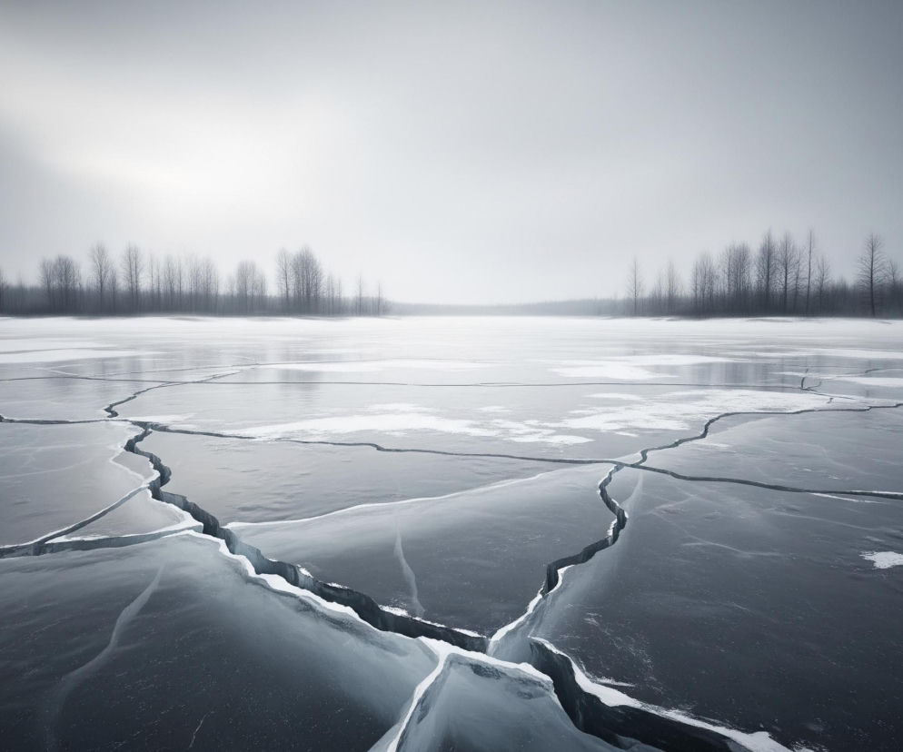 Zamarznięta, popękana powierzchnia pokrywa dolną połowę obrazu, z ciemnymi, głębokimi szczelinami rozciągającymi się na pierwszym planie i w głąb. Lód ma odcienie bieli, szarości i błękitu, z jaśniejszymi fragmentami, które mogą być śniegiem lub odbitym światłem. W tle widoczny jest długi, ciemny pas nagich drzew, a nad nimi rozciąga się jasne, mgliste niebo, z jaśniejszym punktem światła w lewej górnej części.