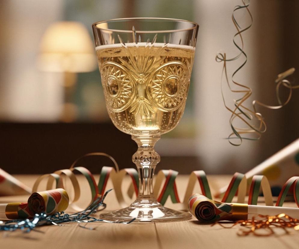 Centralnie umieszczony jest kieliszek z bąbelkami, wypełniony złotym, musującym napojem, z widoczną delikatną pianą na powierzchni. Szkło kieliszka jest bogato zdobione rzeźbionym, geometrycznym wzorem. Po bokach na drewnianym blacie leżą papierowe czapeczki imprezowe w kropki, jedna po lewej z czerwonymi, zielonymi i niebieskimi kropkami, druga po prawej z podobnymi barwami. Całość otaczają kolorowe serpentyny i małe konfetti w odcieniach złota, czerwieni, zieleni i błękitu, rozrzucone na blacie. W tle, rozmyte, widoczna jest jasna lampa stołowa, dodająca ciepłego światła scenie.