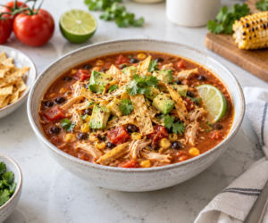 Najpierw mocno przypiekam kukurydzę, potem gotuję z nią chicken tortilla soup. Ta zupa łączy lato z jesienią