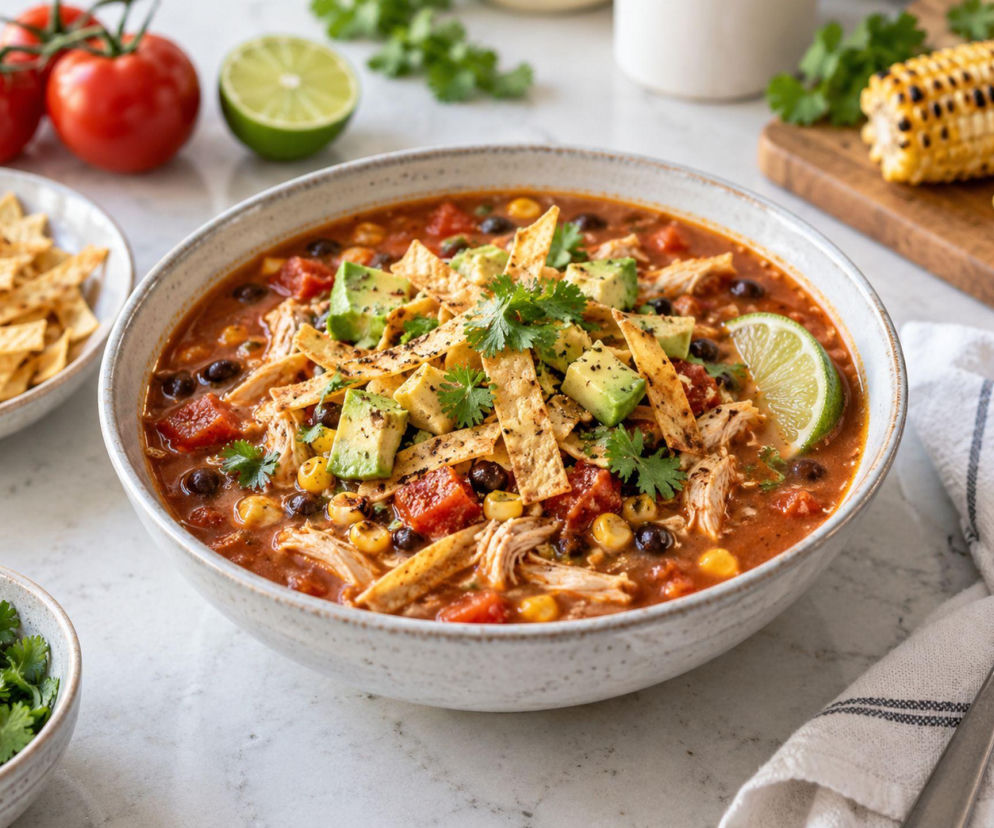 Najpierw mocno przypiekam kukurydzę, potem gotuję z nią chicken tortilla soup. Ta zupa łączy lato z jesienią