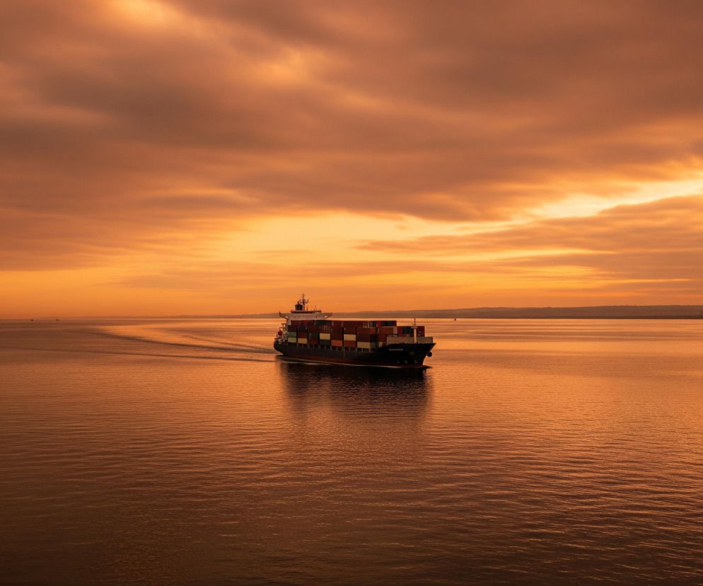 Kontenerowiec płynie po spokojnej, falującej wodzie, pozostawiając za sobą biały ślad. Statek jest ciemny, a na jego pokładzie ułożone są liczne kolorowe kontenery, głównie w odcieniach czerwieni, zieleni i brązu. Scena skąpana jest w ciepłych, pomarańczowych barwach zachodzącego słońca, które odbija się od tafli wody i rozświetla zachmurzone niebo, tworząc świetliste pasma. Na horyzoncie widoczny jest ciemny, niewyraźny ląd.