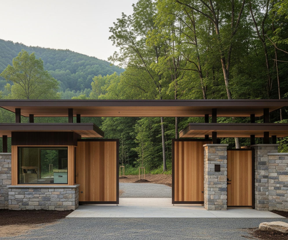 Nowoczesna brama wjazdowa wykonana z kamiennych murków, drewnianych paneli i ciemnego metalu rozciąga się przez centrum kadru, prowadząc do żwirowej drogi w otoczeniu gęstych, zielonych drzew. Brama składa się z dwóch głównych skrzydeł, gdzie po lewej stronie znajduje się przeszklona budka strażnicza z brązową ramą, a po prawej – wysoki, kamienny słup. Obie konstrukcje są połączone przez zadaszenie z ciemnego metalu i drewnianych listew, podparte na czarnych słupach, częściowo przysłaniające widok na las. Tło stanowi zalesione wzgórze pokryte licznymi drzewami liściastymi o zielonych koronach.