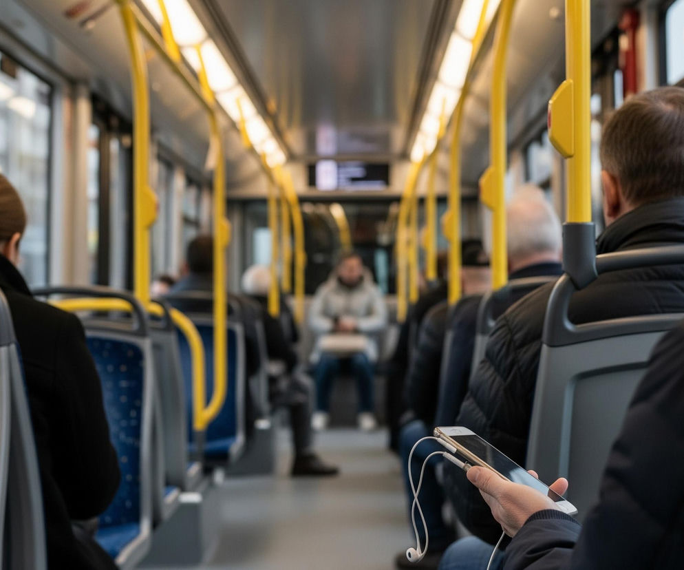 Wnętrze autobusu lub tramwaju ukazuje rząd szarych siedzeń z niebiesko-żółtym wzorem, rozciągających się w głąb kadru. Po lewej i prawej stronie biegną pionowe, żółte poręcze, a na suficie widoczne są podłużne, świetlówki emitujące jasne światło. Pasażerowie siedzą przodem do kierunku jazdy, z których kilku jest widocznych od tyłu, ubranych w ciemne kurtki; jeden z nich w prawym dolnym rogu trzyma smartfon z podłączonymi białymi słuchawkami. Przez okna po lewej stronie widać rozmyty miejski krajobraz.