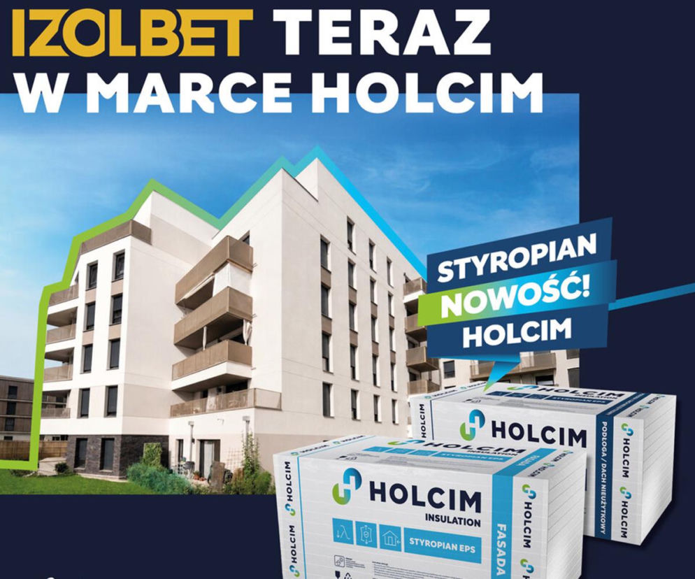 Bloki styropianu Holcim Insulation na tle nowoczesnego budynku. O nowej marce przeczytasz na Muratordom.
