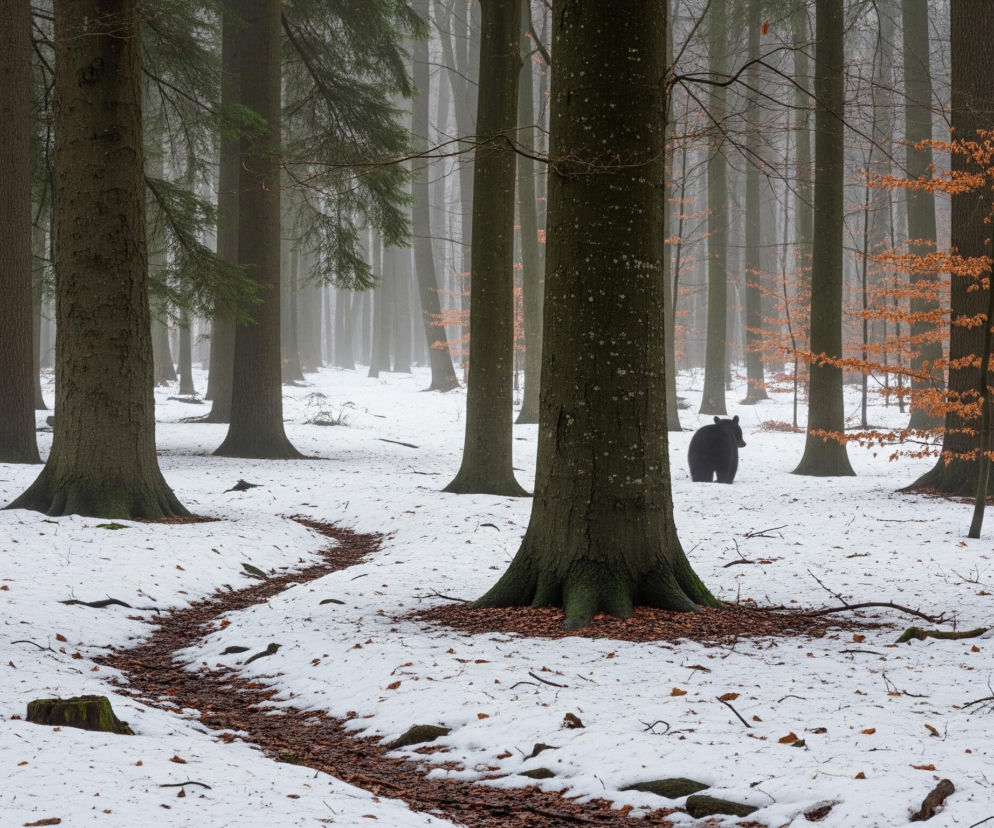 Czarny niedźwiedź stoi tyłem do widza, na tle lasu zasypanego śniegiem. Niedźwiedź znajduje się w prawym górnym rogu obrazu, otoczony przez liczne, wysokie drzewa o ciemnych pniach, które tworzą gęsty, zamglony krajobraz. Ziemia pokryta jest warstwą białego śniegu, z wyjątkiem wąskiej, krętej ścieżki usypanej z brązowych liści, prowadzącej od lewego dolnego rogu w kierunku centrum kadru. Na pierwszym planie i po bokach, pnie drzew są grube i porośnięte zielonym mchem u podstawy, a pojedyncze drzewka w oddali posiadają brązowo-pomarańczowe liście.