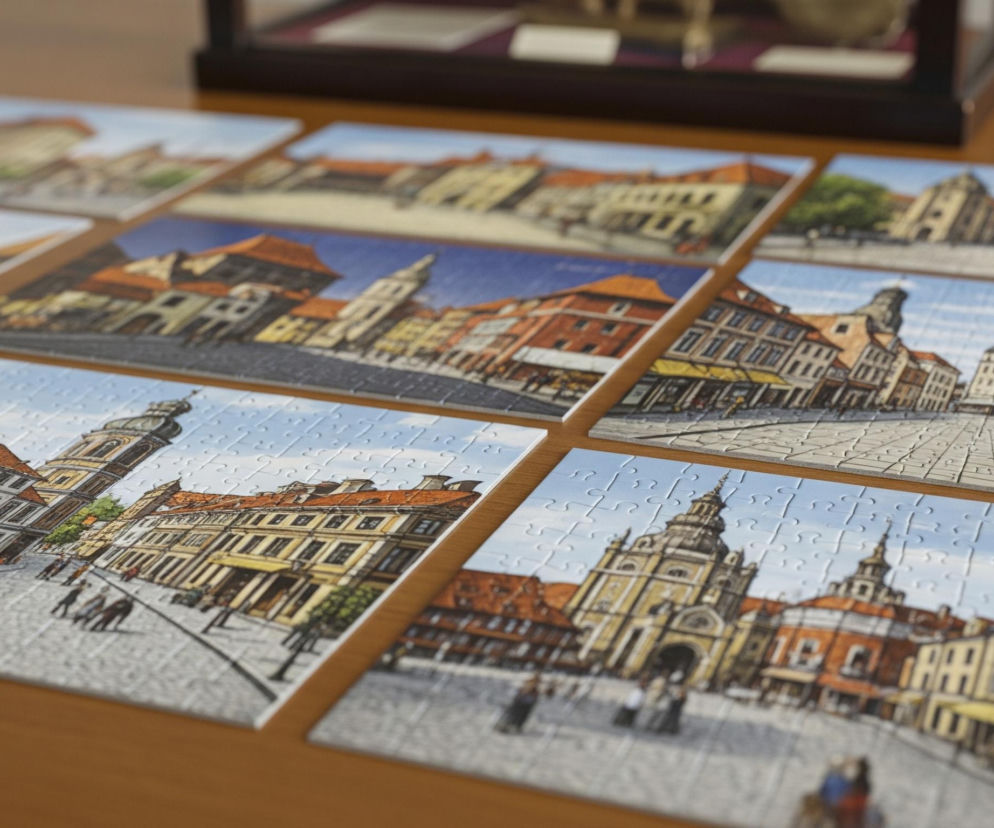 Na drewnianym stole leży kilkanaście rozłożonych puzzli, tworzących mozaikę z widokami miast. Każdy pojedynczy obrazek to fragment architektonicznego pejzażu z brukowanymi uliczkami, historycznymi kamienicami z czerwonymi dachami i spiczastymi wieżami, a także małymi sylwetkami ludzi. Dominują ciepłe barwy ziemi, odcienie pomarańczu, beżu i szarości, kontrastujące z błękitem nieba. W tle, poza ostrością, widoczne jest ciemne, szklane pudełko.