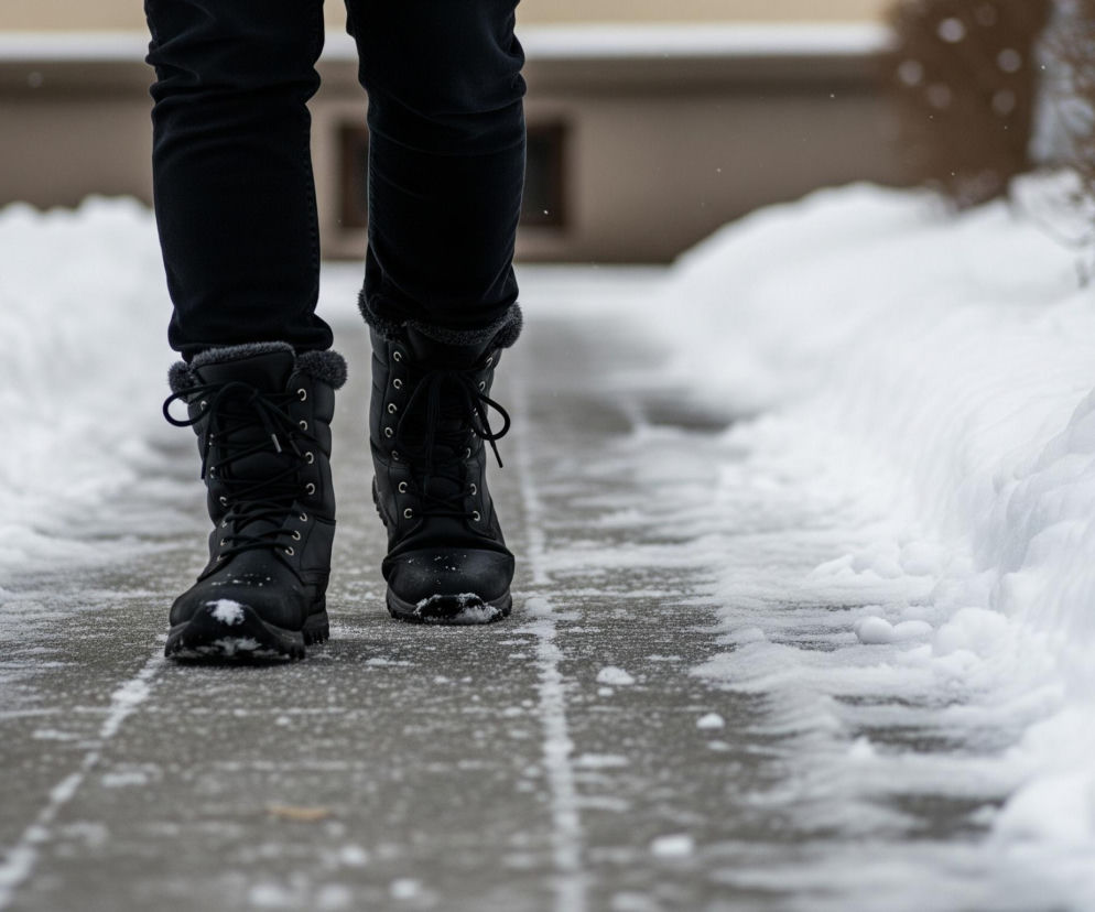 Osoba w czarnych spodniach i czarnych butach zimowych, z widoczną tylko dolną częścią ciała, idzie po chodniku częściowo pokrytym śniegiem. Chodnik, biegnący przez środek kadru, jest szary z widocznymi drobnymi grudkami śniegu i plamami lodu, otoczony po obu stronach wysokimi zaspami białego, puszystego śniegu. W tle po lewej stronie widać fragment drzewa i beżową ścianę budynku, a po prawej brązowe krzewy pokryte śniegiem.