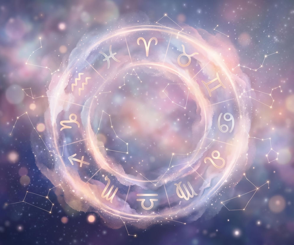 Wizualizacja wszystkich dwunastu znaków zodiaku w okręgu, otoczonych świetlistą, mgławicową aurą i konstelacjami gwiazd na tle kosmosu. Grafika ilustruje horoskop dzienny oraz kosmiczną energię, o której przeczytasz więcej na naszym portalu.