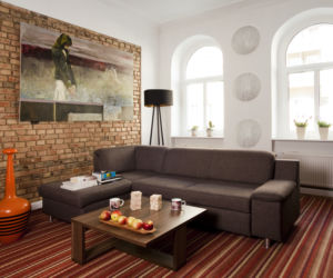 salon - cegła na ścianie