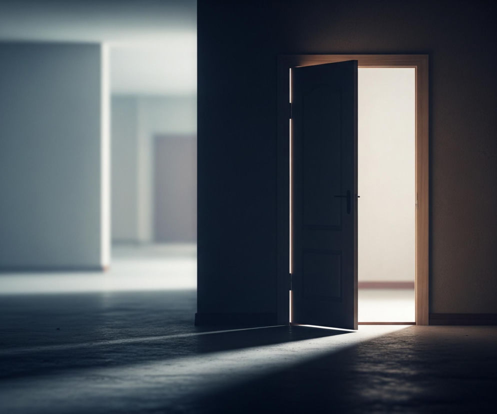 Na pierwszym planie, po prawej stronie kadru, otwarte są brązowe drzwi z czarną klamką, uchylone lekko w głąb pomieszczenia. Przez szparę między drzwiami a futryną, a także zza otwartych drzwi, wydobywa się jasne, biało-żółte światło, tworząc długi, trapezoidalny cień na ciemnej, betonowej podłodze. Lewa strona obrazu przedstawia rozmyty korytarz z jasnymi ścianami i ciemną podłogą, gdzie widać kolejne, słabo oświetlone przejścia i ściany. Cała scena utrzymana jest w kontrastowych barwach ciemnego brązu, szarości i jasnej bieli.