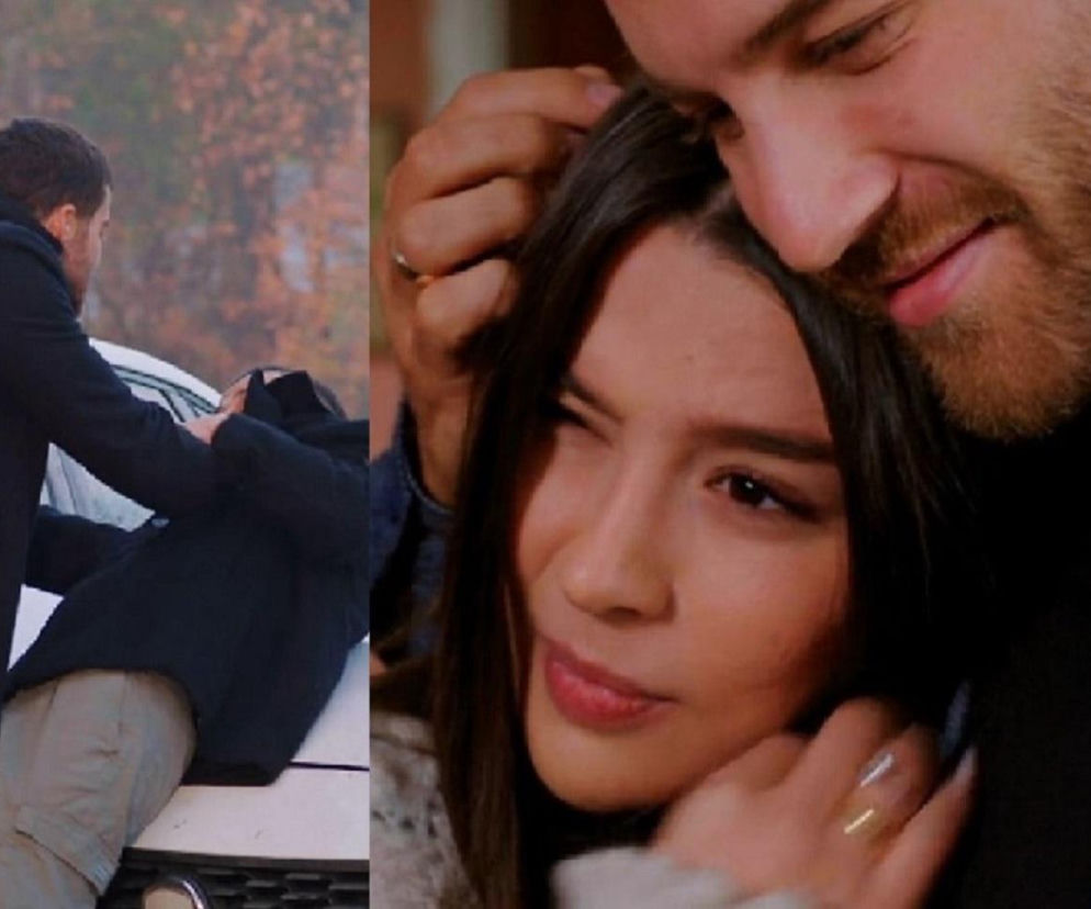 Scena z serialu „Miłość i nadzieja” przedstawiająca wściekłego Cihana szarpiącego mężczyznę na tle samochodu oraz zbliżenie na Zeynep przytulającą się do Cihana. Ta dwuczęściowa fotografia ilustruje dynamiczne relacje między bohaterami, o których przeczytasz więcej na portalu Super Seriale.