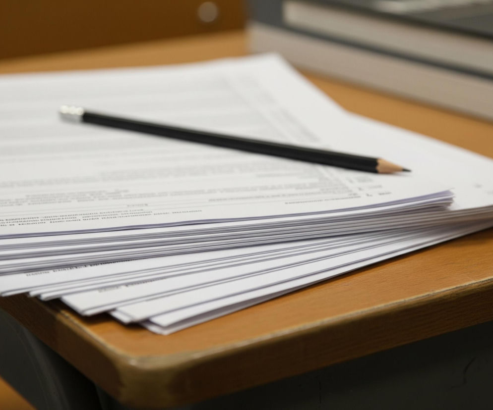 Stos białych kartek papieru leży na drewnianym blacie biurka, częściowo zakrywając dolną prawą część obrazu. Na wierzchu stosu leży czarny ołówek z jasnobrązową końcówką. W tle, po prawej stronie, widać stos dwóch książek z ciemnymi okładkami. Całe ujęcie utrzymane jest w ciepłych, naturalnych barwach drewna i bieli papieru, z ostrością skierowaną na kartki i ołówek.