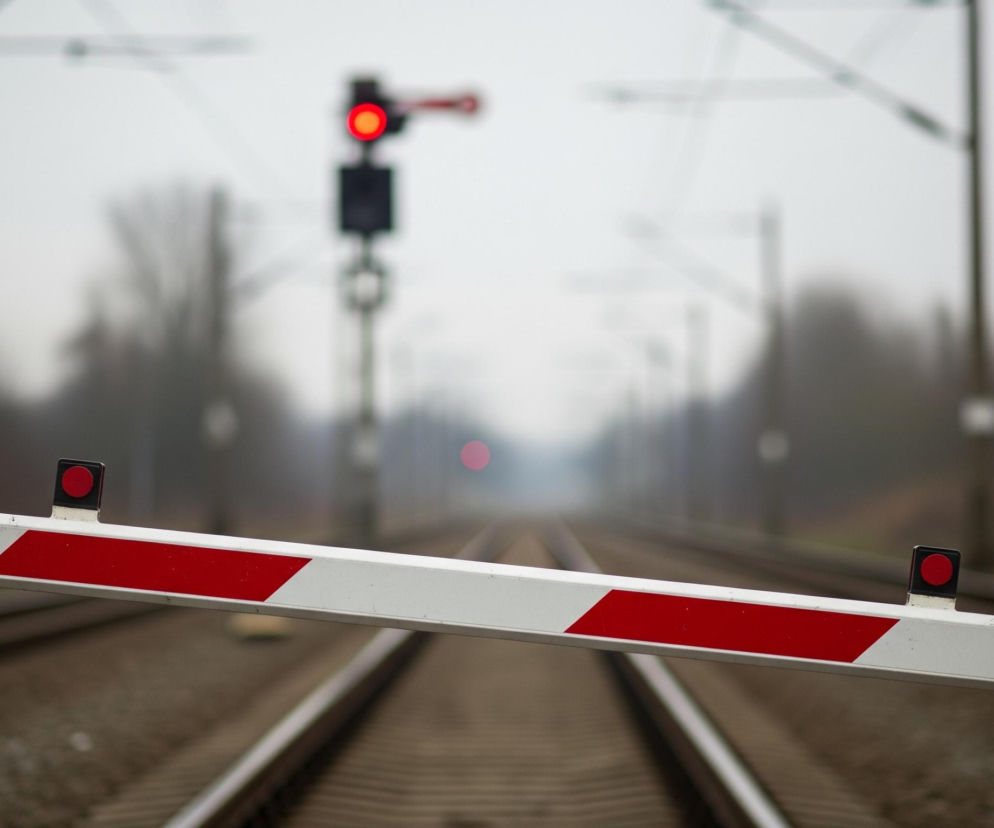 Na pierwszym planie, w centralnej części zdjęcia, znajduje się zapora przejazdowa z ramieniem pomalowanym w biało-czerwone pasy, lekko opadająca w dół od prawego do lewego boku kadru. Na obu końcach ramienia bariery widoczne są małe, okrągłe, czerwone światła. W tle rozciągają się tory kolejowe, a za nimi, w oddali, widać rozmazane drzewa i słupy trakcji kolejowej. Centralnie w tle, poza ostrością, znajduje się sygnalizator kolejowy z wyraźnie świecącym czerwonym światłem, sugerującym zatrzymanie ruchu. Całość otacza szare, zamglone niebo.
