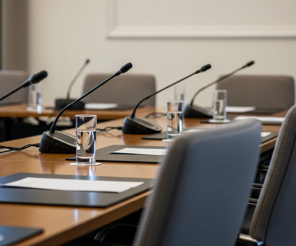 Na pierwszym planie widoczny jest długi, drewniany stół konferencyjny w odcieniu brązu, ustawiony w sali. Na stole rozmieszczone są rzędem czarne podstawki z białymi kartkami papieru, a obok nich stoją szklanki z wodą. Przed każdą szklanką i podstawką znajduje się czarny mikrofon na giętkim ramieniu. Po prawej stronie zdjęcia widać fragmenty tapicerowanych krzeseł w szarym kolorze. W tle, po lewej stronie, znajduje się okno, a na ścianie widoczny jest podłużny, biały element dekoracyjny.