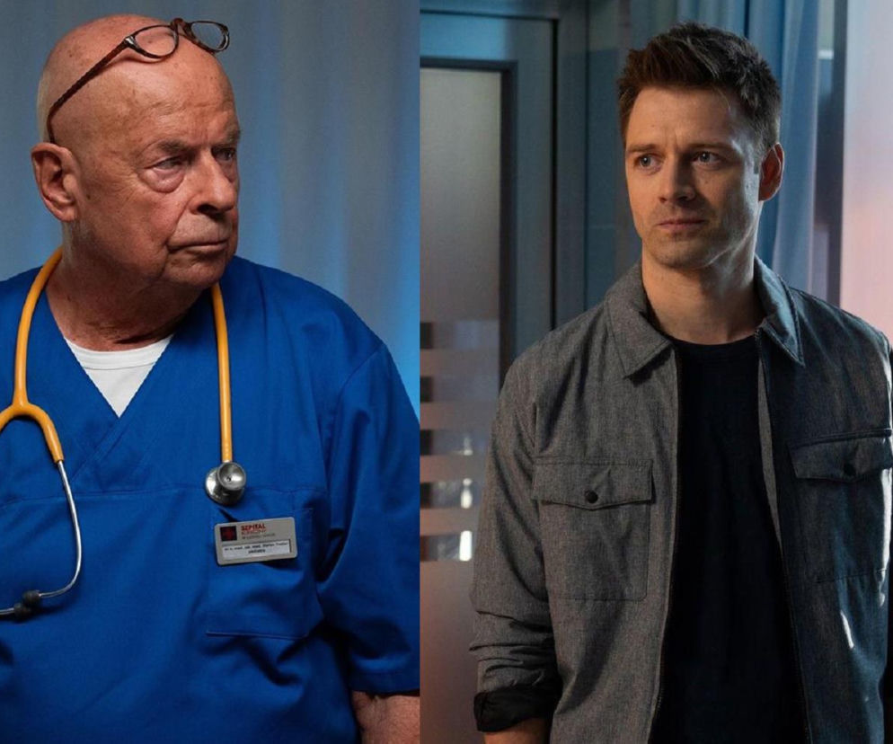 Piotr Garlicki jako Stefan Tretter w niebieskim stroju medycznym i Marcin Korcz jako Mario w szarej kurtce. Aktorzy z serialu Na dobre i na złe w scenie z odcinka 993, gdzie Mario zdradza Tretterowi swoje prawdziwe intencje. Więcej o ich losach przeczytasz na Super Seriale.