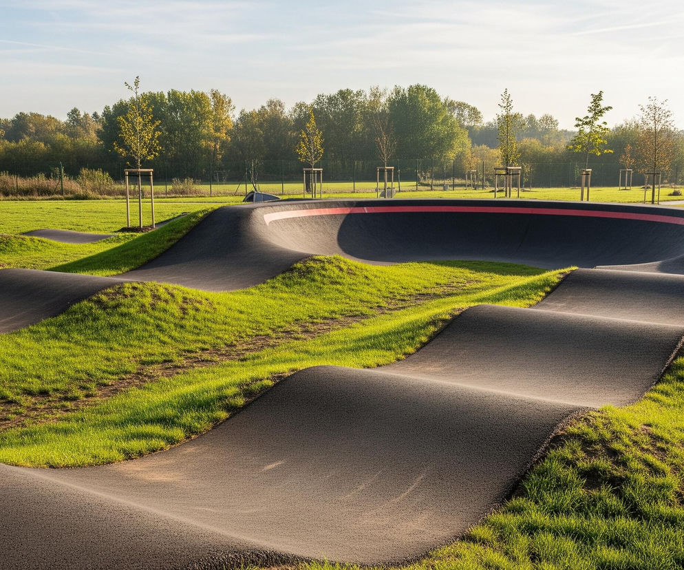 Nowy, asfaltowy pumptrack o nieregularnym kształcie, składający się z fal i zakrętów, zajmuje centralną część obrazu. Tory są otoczone jaskrawozieloną, świeżo posianą trawą, która pokrywa łagodne wzgórza. Wzdłuż torów rosną młode, smukłe drzewka, wsparte na drewnianych palikach. Na horyzoncie widoczny jest pas gęstych, zielonych drzew, a nad nimi rozciąga się jasne, błękitne niebo z delikatnymi smugami chmur.
