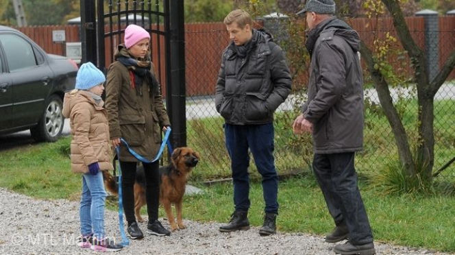 M jak miłość odc. 1204. Paweł (Rafał Mroczek), pies Kminek (Lizak), Ala (Olga Frycz), Basia (Gabriela Raczyńska)