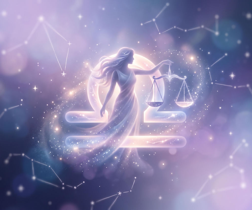 Sylwetka kobiety trzymającej wagę na tle świecącego symbolu zodiaku. O horoskopie dla Wagi przeczytasz w Eska.