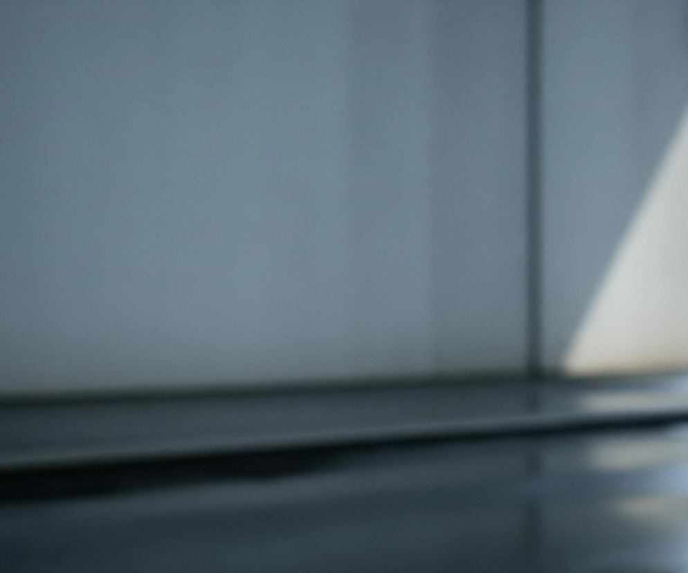 Rozmyte zdjęcie przedstawia fragmenty nowoczesnej architektury. Po lewej stronie dominuje duża, pionowa płaszczyzna w odcieniach szarości, zajmująca większość lewej i centralnej części kadru. Na dole tej płaszczyzny widoczne jest przejście do poziomej powierzchni, która odbija światło, sugerując mokrą nawierzchnię.

Na prawej stronie obrazu, w tle, można dostrzec zarysy innej konstrukcji o podobnej kolorystyce, posiadającej ukośne elementy i przeszklone fragmenty, które również odbijają światło. Całość jest utrzymana w chłodnych barwach szarości i błękitu, z niewielkimi, jasnymi akcentami świetlnymi.