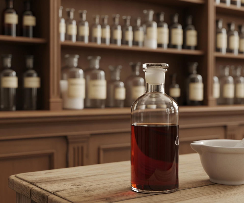 Na drewnianym stole stoi szklana butelka z korkiem, wypełniona do połowy ciemnobrązową cieczą. Obok niej znajduje się biały, ceramiczny moździerz z tłuczkiem, a za nimi, lekko rozmyta, inna pusta szklana butelka z korkiem. Tło stanowi duża, drewniana szafka z licznymi półkami, na których równo ustawione są rzędy szklanych butelek, większość z jasnymi etykietami. Dominują ciepłe odcienie brązu i beżu, z wyraźnym kontrastem pomiędzy pierwszym planem a rozmazanym tłem.