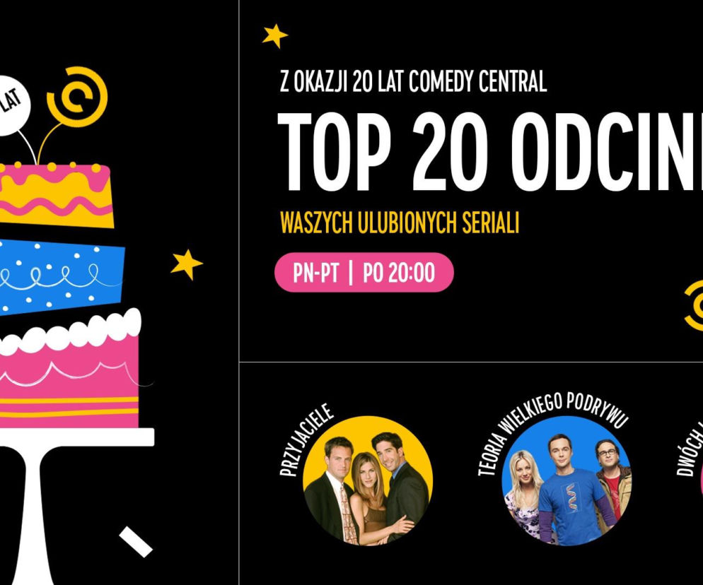 Grafika z tortem i logiem Comedy Central. Na miniaturach bohaterowie kultowych seriali. O jubileuszu czytaj na EskaRock.
