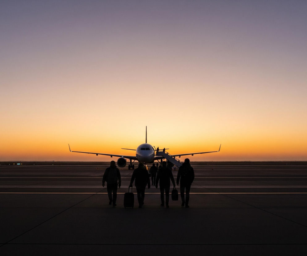 Sylwetki pięciu osób widoczne są od tyłu, idących w kierunku samolotu na płycie lotniska o zachodzie słońca. Niebo gradientowo przechodzi od fioletowego na górze, przez różowe, do jasnopomarańczowego przy horyzoncie, gdzie zachodzi słońce, rzucając długie cienie na ciemny asfalt. Duży samolot pasażerski stoi na środku, z widocznym nosem i skrzydłami, a pasażerowie wchodzą po schodach na jego pokład. W prawym rogu widoczny jest fragment ogona drugiego samolotu.