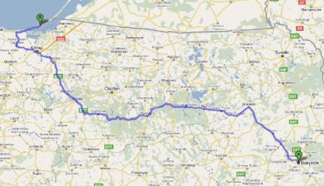 Trasa 58 i E77 Białystok-Krynica Morska - mapka
