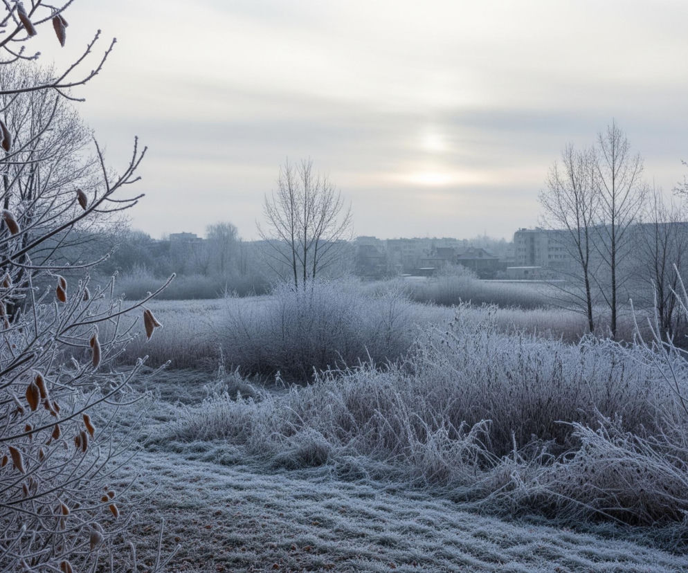 Po prawej stronie obrazu dominuje gęsty, oszroniony las, którego gałęzie pokryte są białym szronem, a niektóre gałązki utrzymują pojedyncze, brązowe, wysuszone liście. W tle rozciąga się miejski pejzaż z szarymi, wielopiętrowymi budynkami mieszkalnymi, natomiast na horyzoncie widoczne jest zachmurzone, jasne niebo z wyraźnie zarysowanym, lecz rozmazanym słońcem. Pierwszy plan tworzy pole traw i krzewów, również całkowicie pokrytych szronem, co nadaje im biało-niebieskawy odcień.