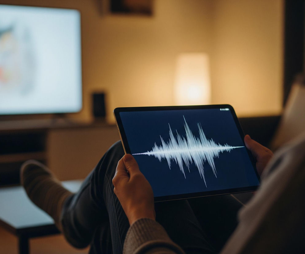 Osoba siedzi w ciemnym pomieszczeniu, trzymając poziomo tablet z włączonym ekranem, na którym widoczna jest biała wizualizacja fali dźwiękowej na granatowym tle. Jej stopy spoczywają na niewyraźnym, niskim stoliku po lewej stronie kadru, a ona sama ma na sobie jasne skarpety i ciemne spodnie. W tle, na wprost osoby, widnieje włączony telewizor z rozmytym obrazem, a za nim stoi lampa, która oświetla ścianę ciepłym, żółtym światłem.
