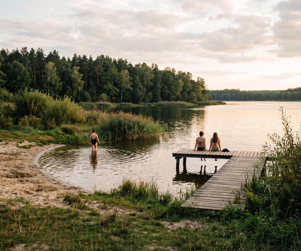 Kobiety odpoczywające nad jeziorem otoczonym lasem. O rajskich plażach blisko Lublina przeczytasz na SE Lublin.