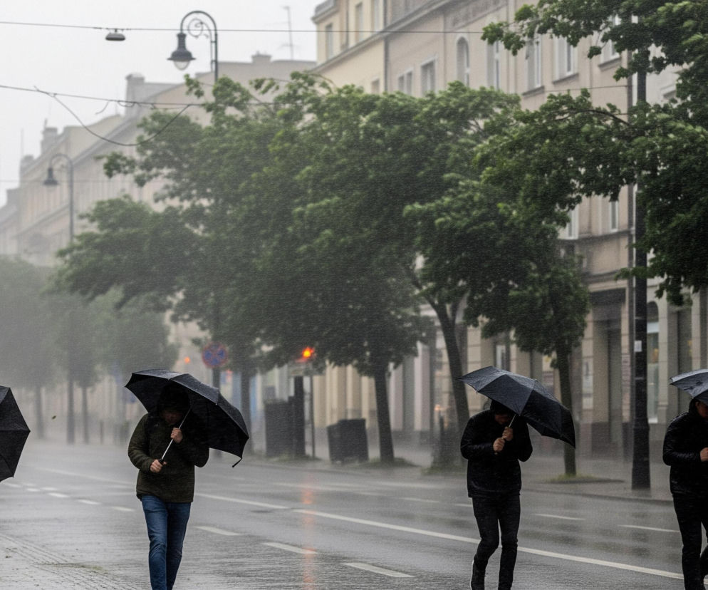 Deszczowy dzień na miejskiej ulicy, gdzie grupa ludzi z parasolami idzie po mokrej nawierzchni. Na pierwszym planie, od lewej, widać dwie osoby, za nimi kolejną osobę z parasolem skierowanym pod wiatr, a po prawej stronie kadru, również idzie postać w ciemnych ubraniach z parasolem. Po prawej stronie drogi rosną drzewa z zielonymi liśćmi, które uginają się pod wpływem wiatru. W tle widać rzędy budynków miejskich i latarnie uliczne, a cała scena jest przysłonięta szarą, deszczową mgłą, która sprawia, że horyzont staje się niewyraźny.