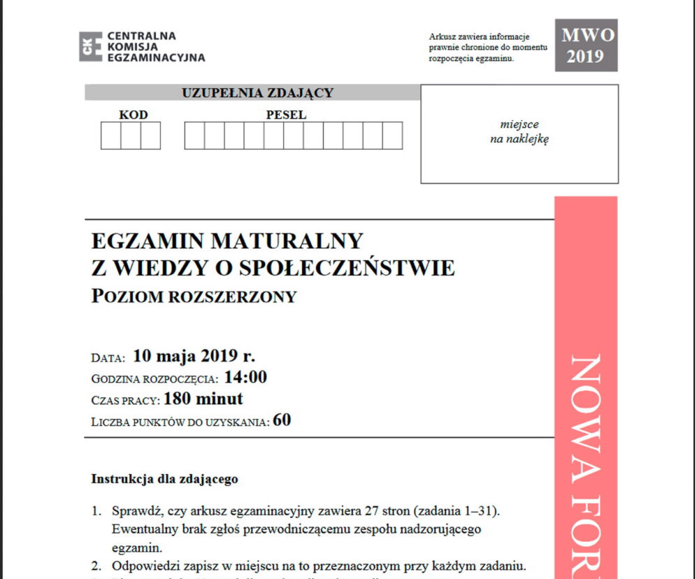 Matura 2019. Wiedza o społeczeństwie. Arkusze CKE WOS rozszerzony