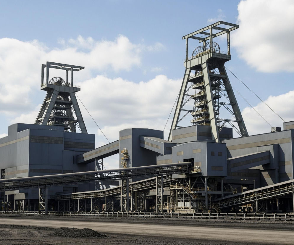 Dwa ogromne szyby górnicze, o konstrukcji kratownicowej w kolorze szarym i grafitowym, dominują w centrum kadru, wznosząc się wysoko ku błękitnemu, zachmurzonemu niebu. Między nimi i wokół nich rozciąga się kompleks budynków przemysłowych o podobnej kolorystyce, połączonych licznymi taśmociągami i rurociągami, tworząc złożoną sieć transportową. Na pierwszym planie widoczne jest rozległe, ciemne, ziemne pole, pokryte nieregularnymi ścieżkami i usypiskami, co wskazuje na intensywną działalność przemysłową. Całość jest skąpana w jasnym, dziennym świetle, podkreślającym detale konstrukcji i tekstury powierzchni.