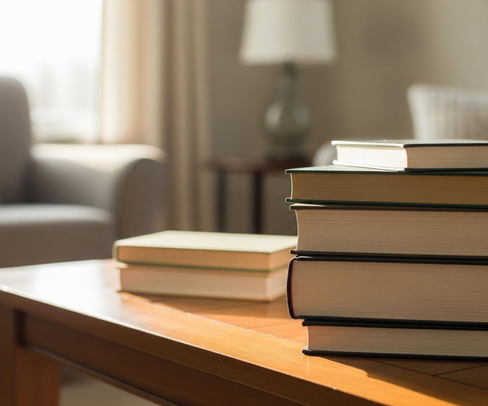 Na drewnianym, prostokątnym stoliku kawowym, stojącym w salonie, leży stos pięciu książek z ciemnymi okładkami i jasnymi stronami, lekko nachylonych. Obok znajduje się mniejszy stos dwóch książek o jasnych okładkach. W tle widać zamazane elementy wnętrza: po lewej stronie duży, szary fotel z poduszką, natomiast po prawej sofę, a między nimi, za stolikiem, jasną lampę z abażurem. Scena jest skąpana w ciepłym, naturalnym świetle wpadającym z niewidocznego okna.