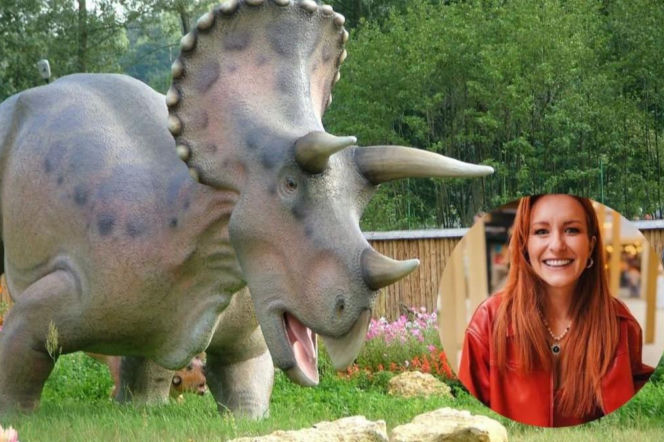 Figura triceratopsa w JuraParku Bałtów. Obok na miniaturze Kamila Ryciak z Radia ESKA. O finale wakacji czytaj w Eska Kielce.