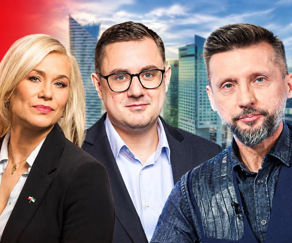 Dziennikarka Kamila Biedrzycka, Miłosz Motyka i Adam Bielan na tle Warszawy. O sporze polityków przeczytasz na SE Polityka.