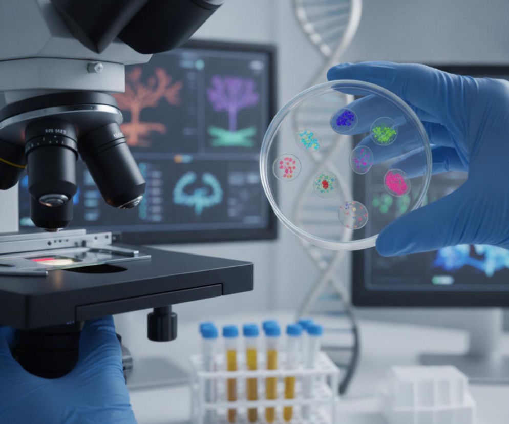 Naukowiec w niebieskich rękawiczkach trzyma szalkę Petriego z próbkami komórek, obok mikroskop i ekrany laboratoryjne z wizualizacją danych. To symbol innowacji w diagnostyce raka, o której przeczytasz na Poradnik Zdrowie.